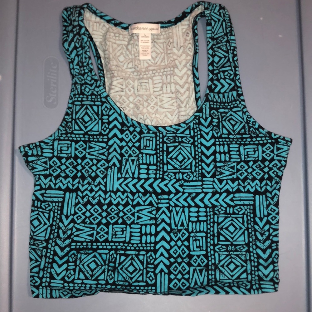 Spring/ Summertime Crop Top. Black & turquoise pattern.